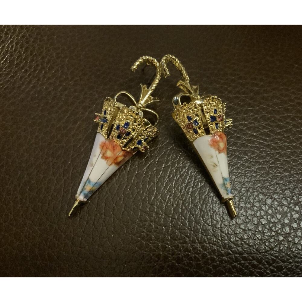 Umbrella Museum Earrings Art Antique VTG CZ Pearl Gold Retro Revival Flower Boho - Picture 5 of 9